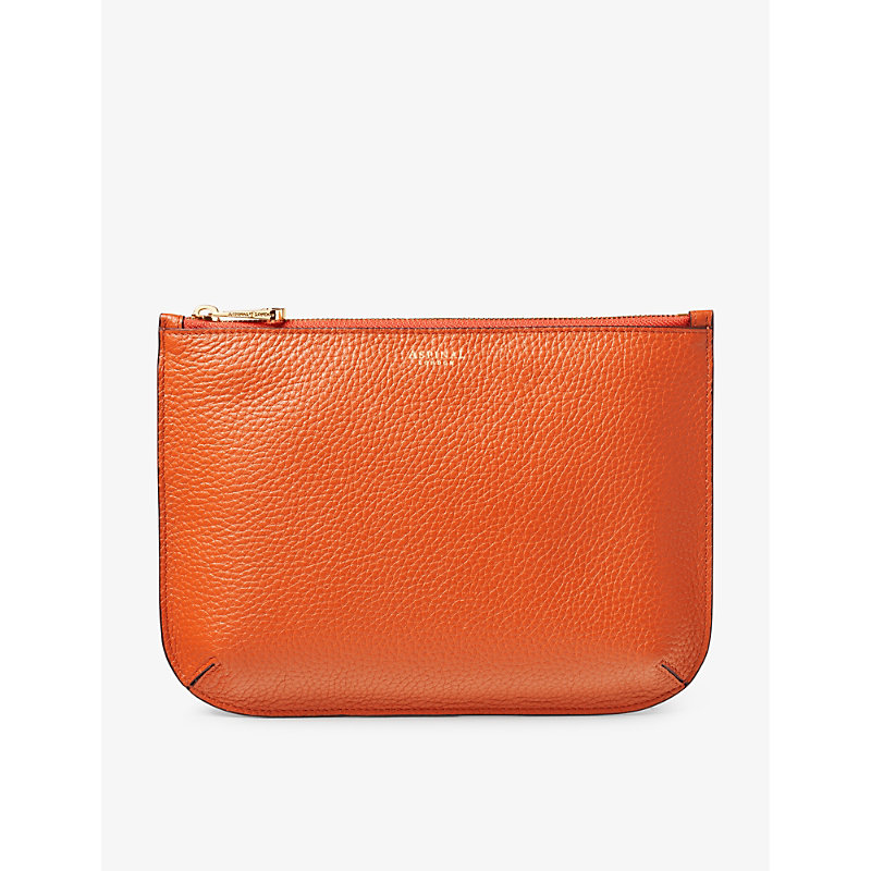 Aspinal Of London Mens Orange Ella Large Logo-print Grained-leather Pouch