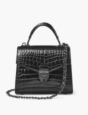 Shop Aspinal Of London Black Mayfair Medium Croc-embossed Leather Top-handle Bag