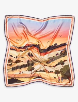 Shop Aspinal Of London Women's Orange Graphic-print Branded Silk Scarf