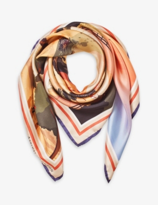 Shop Aspinal Of London Women's Orange Graphic-print Branded Silk Scarf