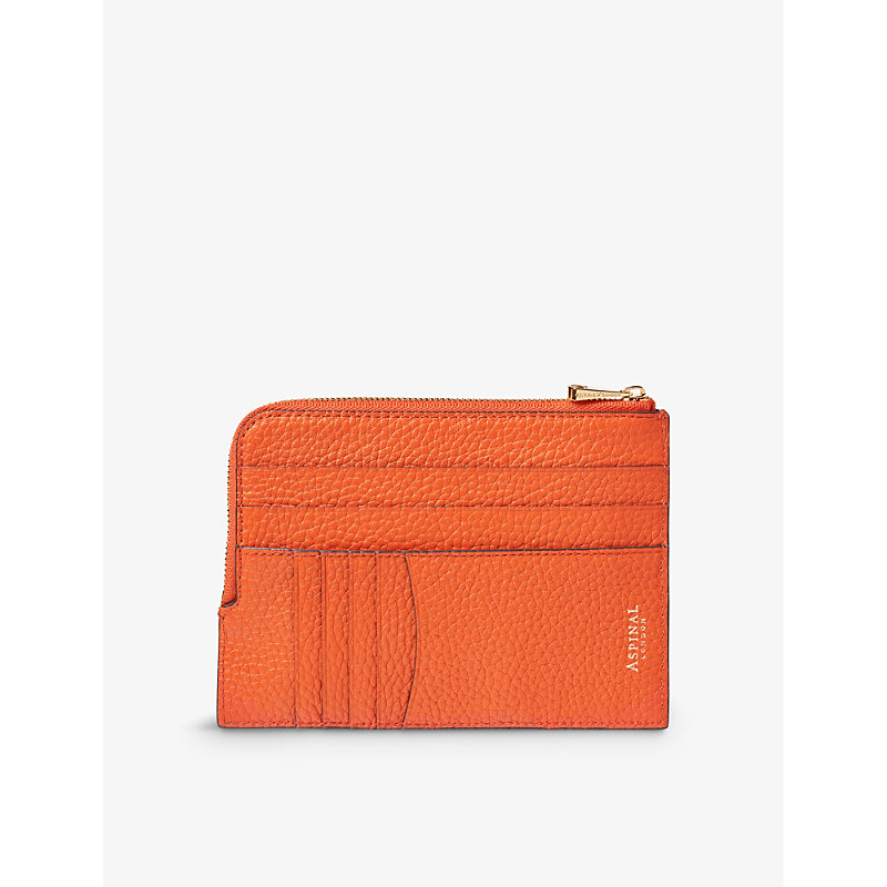Shop Aspinal Of London Orange Logo-embossed Zip-fastened Pebble-leather Travel Wallet