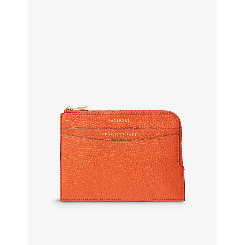 Aspinal Of London Orange Logo-embossed Zip-fastened Pebble-leather Travel Wallet