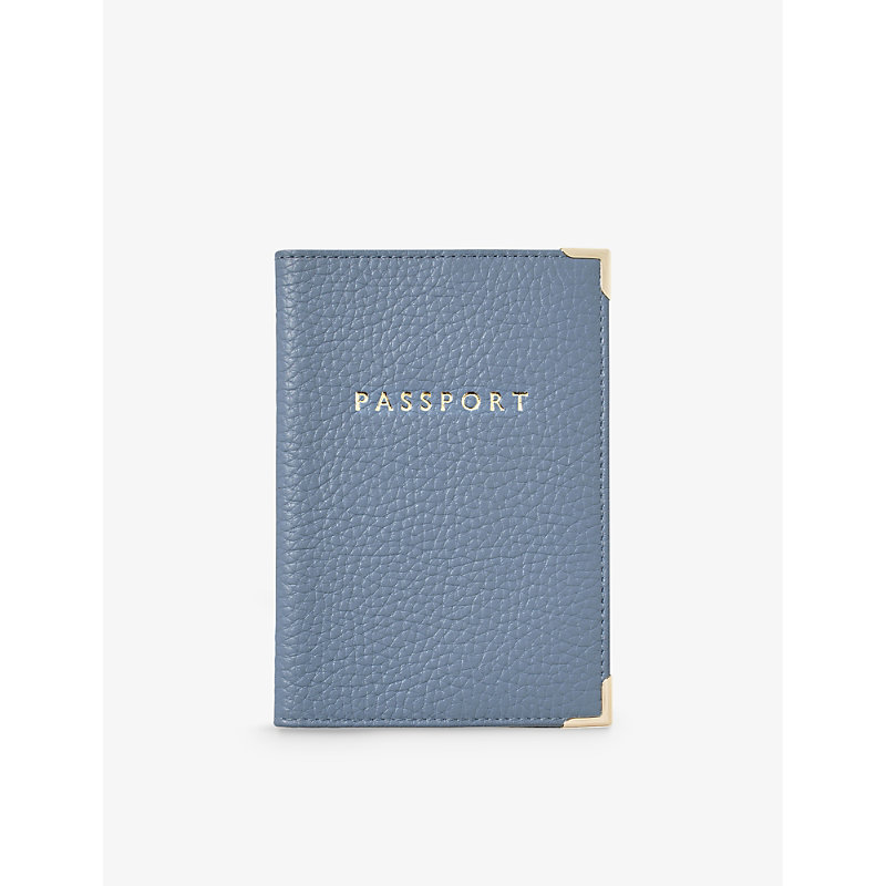 Aspinal Of London Cornflower Logo-embossed Grained-leather Passport Cover In Blue