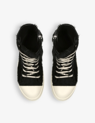 Shop Rick Owens Men's Blk/white Serrated-sole Pony-hair High-top Trainers