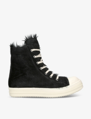 Shop Rick Owens Men's Blk/white Serrated-sole Pony-hair High-top Trainers