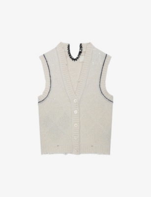 Zadig & Voltaire Zadig&voltaire Womens Ecru Karry V-neck Distressed Wool And Cashmere-blend Waistcoat In Cream