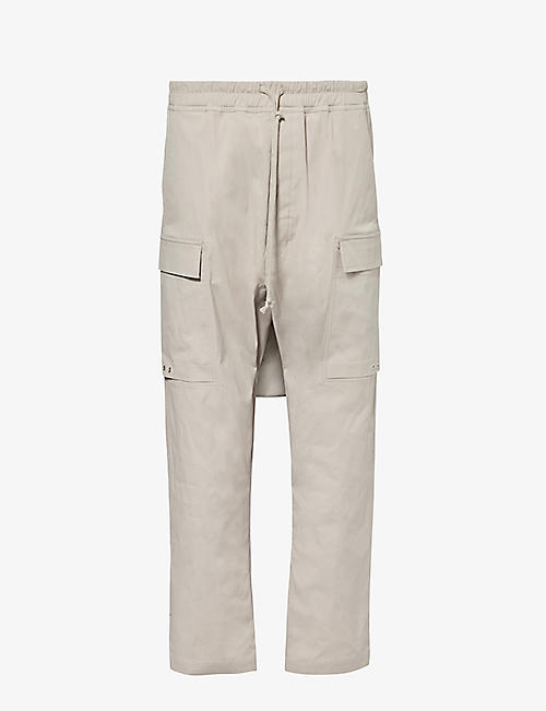 RICK OWENS: Cargo dropped-crotch tapered-leg stretch-cotton trousers