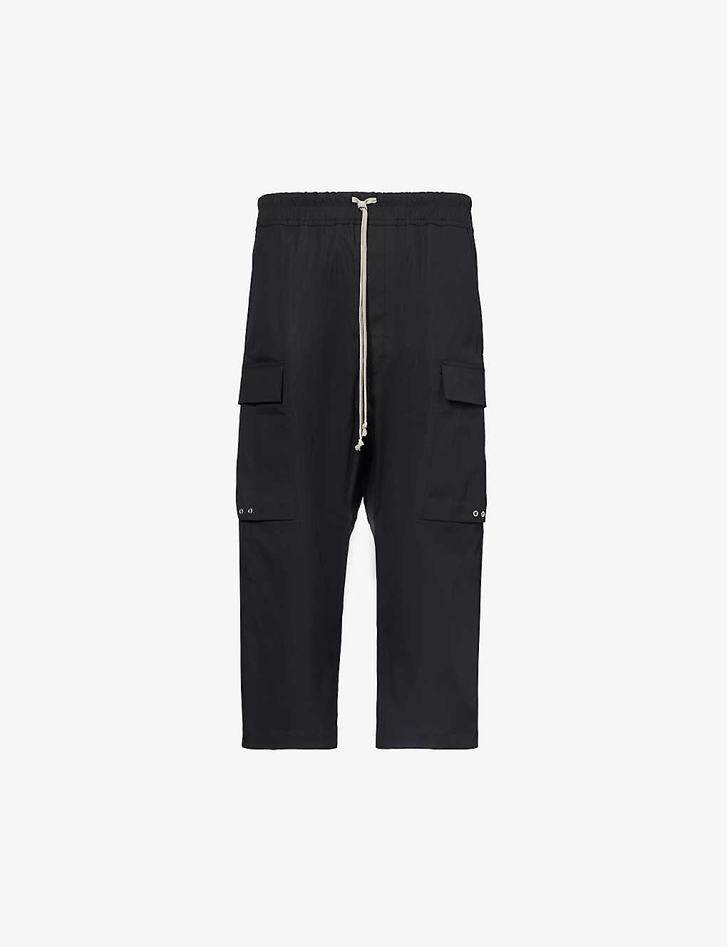 Shop Rick Owens Men's Black Cargo Straight-leg Cropped Stretch-cotton Trousers