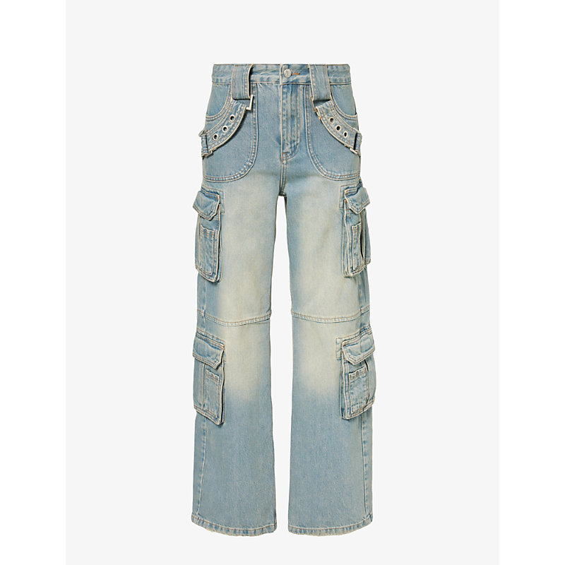 Shop Misbhv Cargo-pocket Faded-wash Relaxed-fit Organic Denim-blend Jeans In Blue