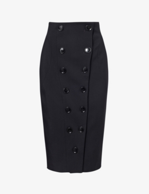 Shop Alaïa Buttoned Slim-fit Stretch-wool Midi Skirt In Noir Alaia