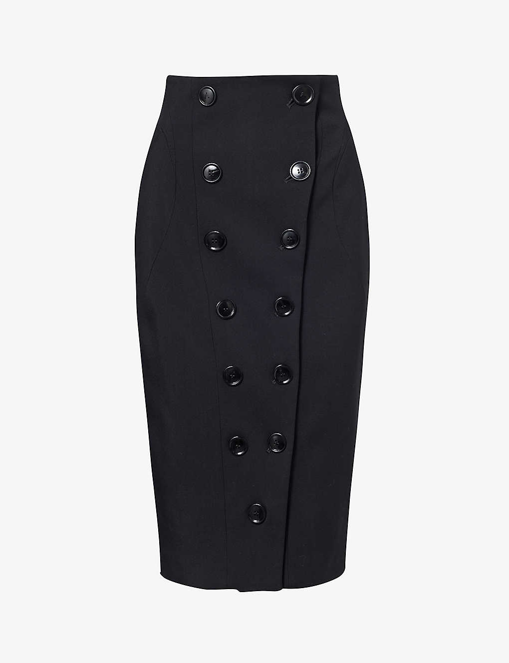 Shop Alaïa Buttoned Slim-fit Stretch-wool Midi Skirt In Noir Alaia