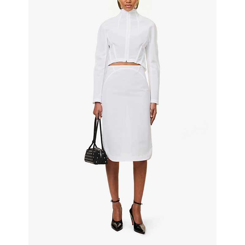 Shop Alaïa Alaia Women's Blanc High-neck Zipped-cuff Slim-fit Stretch-mesh Jacket