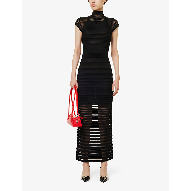 Shop Alaïa Alaia Womens Noir Alaia Striped Slim-fit Silk-blend Knitted Maxi Dress