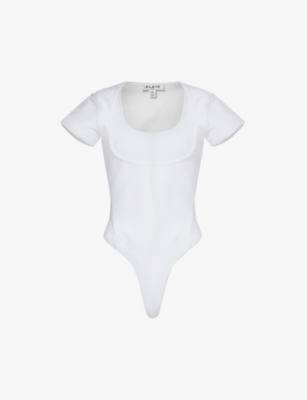 Shop Alaïa Alaia Women's Blanc Scoop-neck Slim-fit Cotton-jersey Body