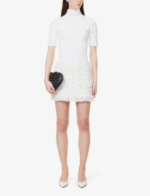 Shop Alaïa Alaia Women's Blanc High-neck Ruffle-hem Knitted Mini Dress