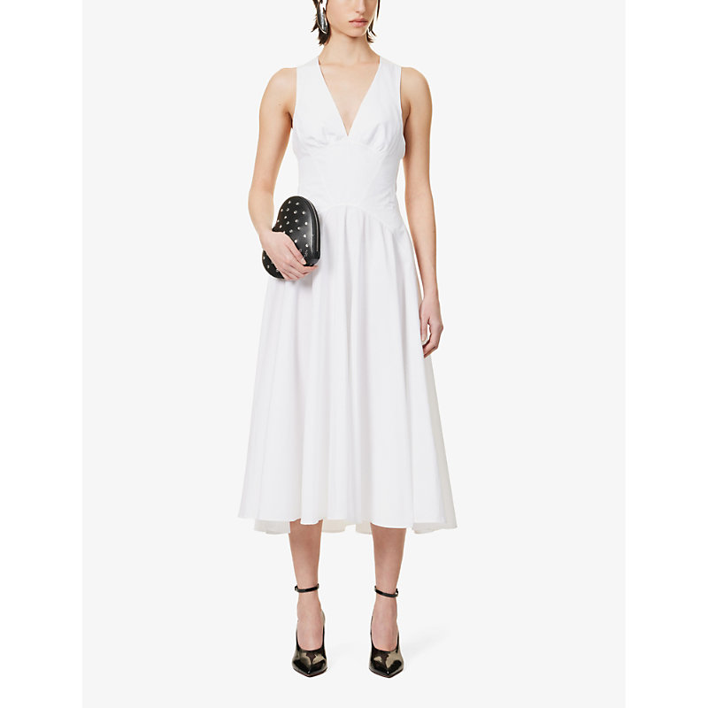 Shop Alaïa Alaia Women's Blanc V-neck Striped-pattern Cotton Midi Dress