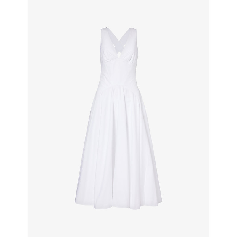 Alaïa Alaia Womens Blanc V-neck Striped-pattern Cotton Midi Dress