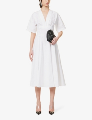Shop Alaïa Alaia Women's Blanc V-neck A-line Cotton Midi Dress