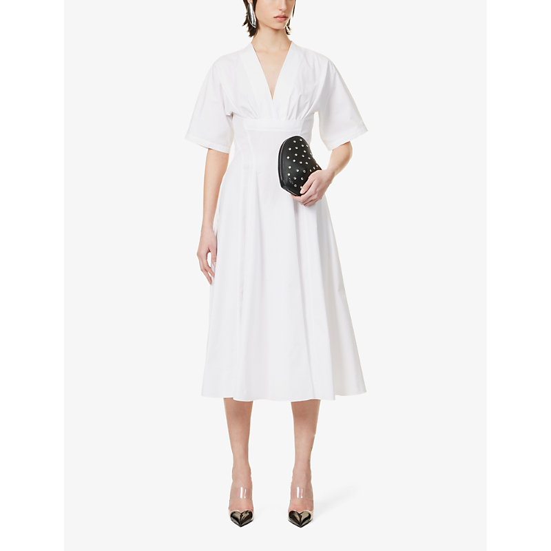 Shop Alaïa Alaia Womens Blanc V-neck A-line Cotton Midi Dress