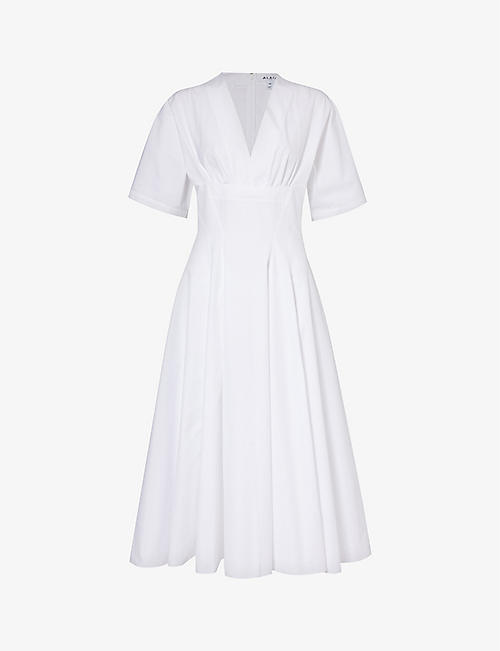 ALAIA: V-neck A-line cotton midi dress