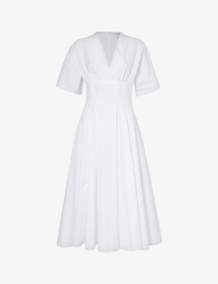 Alaïa Alaia Womens Blanc V-neck A-line Cotton Midi Dress