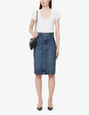 Shop Alaïa Alaia Womens Bleu Vintage High-rise Slim-fit Denim Midi Skirt