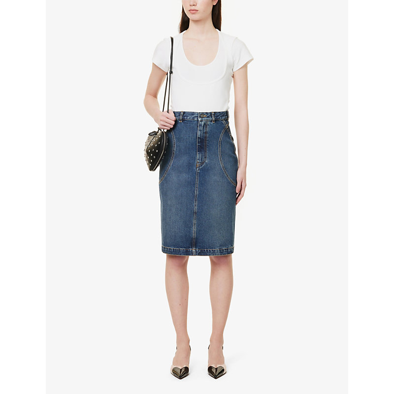 Shop Alaïa Alaia Women's Bleu Vintage High-rise Slim-fit Denim Midi Skirt
