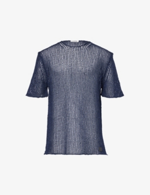 Jil Sander Mens Navy Brand-patch Cotton Knitted T-shirt
