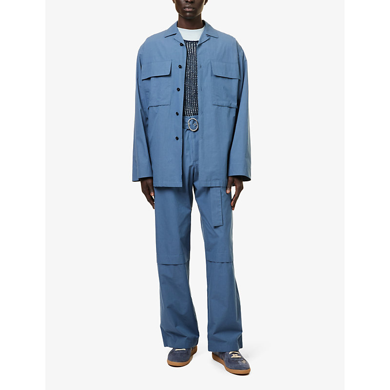 Shop Jil Sander Men's French Blue Wide-leg Mid-rise Cotton Trousers