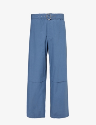 Shop Jil Sander Men's French Blue Wide-leg Mid-rise Cotton Trousers