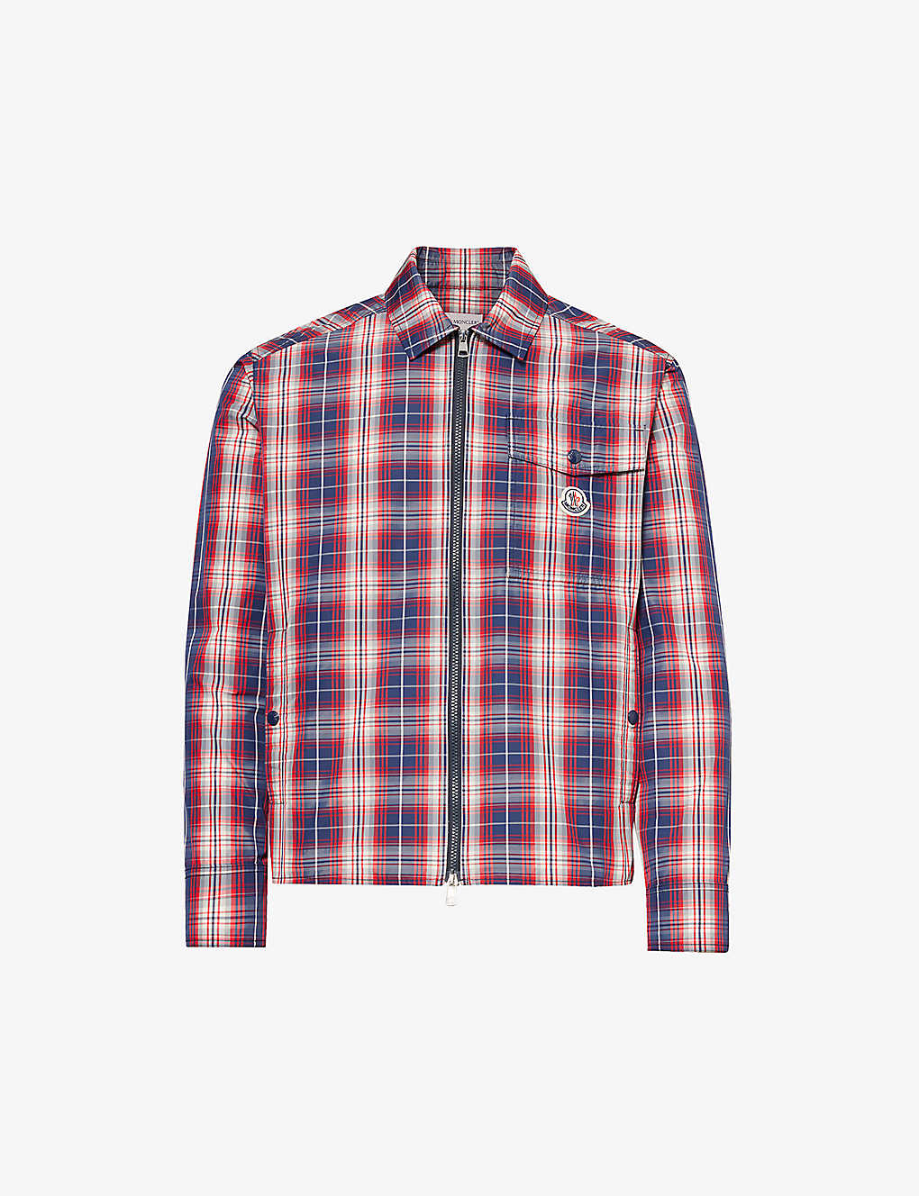 Moncler Mens Red Check-pattern Zip-up Relaxed-fit Shell Shirt