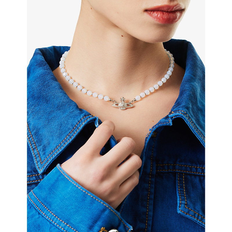 Shop Vivienne Westwood Jewellery Messaline Silver-tone Brass And Crystal-embellished Choker Necklace In Platinum/white Opal