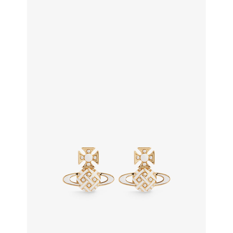 Shop Vivienne Westwood Jewellery Cassie Bas Relief Brass And Enamel Stud Earrings In Gold/rose Pearl/white