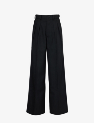 Shop Shiro Sakai Women's Black Pleated Wide-leg Mid-rise Wool Trousers