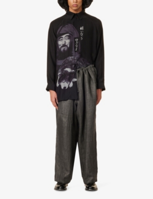 Shop Yohji Yamamoto Mens Black Wide-leg Relaxed-fit Linen Trousers