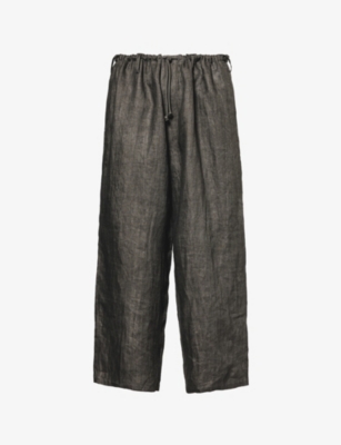 Shop Yohji Yamamoto Mens Black Wide-leg Relaxed-fit Linen Trousers