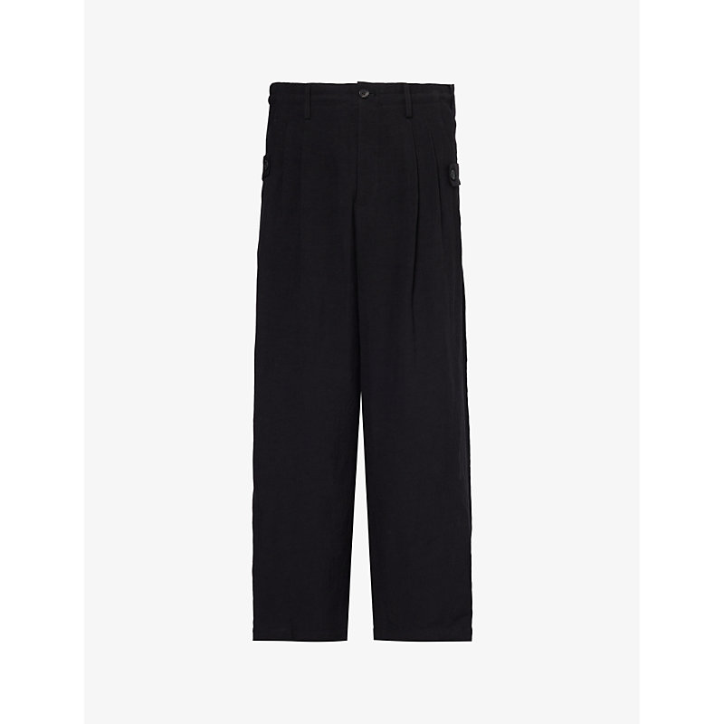 Yohji Yamamoto Mens Black Wide-leg Relaxed-fit Linen-blend Trousers