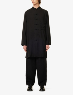 Shop Yohji Yamamoto Men's Black Knotted-button Relaxed-fit Woven Shirt