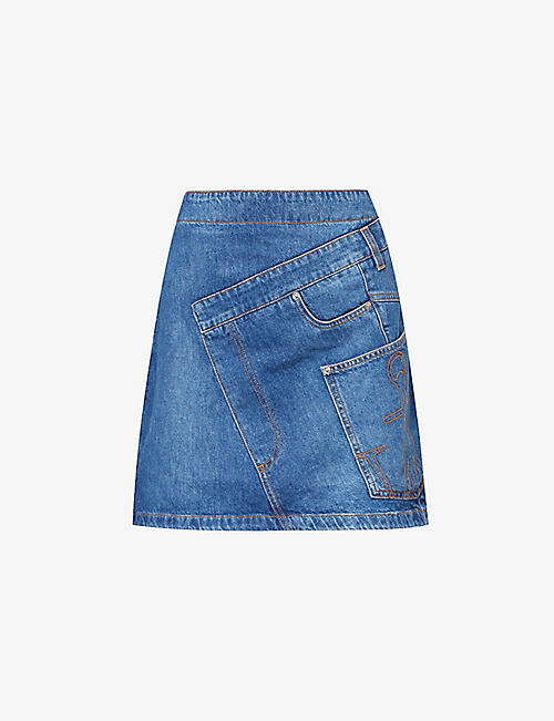 JW ANDERSON: Twisted-waistband asymmetrical mid-rise denim mini skirt