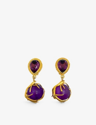 Jennifer Gibson Jewellery Womens Gold Amethyst Crystal-embellished Yellow Gold-toned Metal Earrings