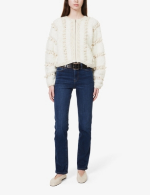 FRAME WOMENS DARK BLUE LOGO-EMBELLISHED STRAIGHT-LEG HIGH-RISE  DENIM-BLEND JEANS 