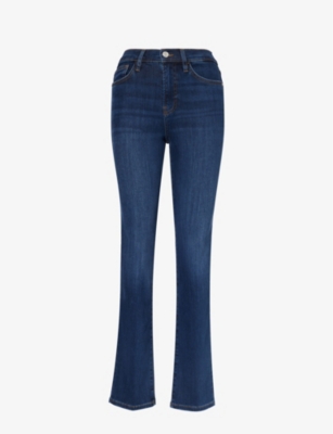 FRAME WOMENS DARK BLUE LOGO-EMBELLISHED STRAIGHT-LEG HIGH-RISE  DENIM-BLEND JEANS 
