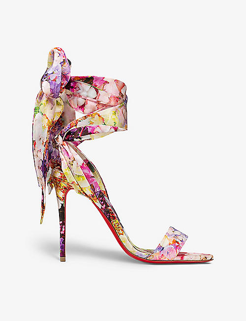 CHRISTIAN LOUBOUTIN: Sandale du Désert 100 ribbon-tie floral-print satin-crepe heeled sandals
