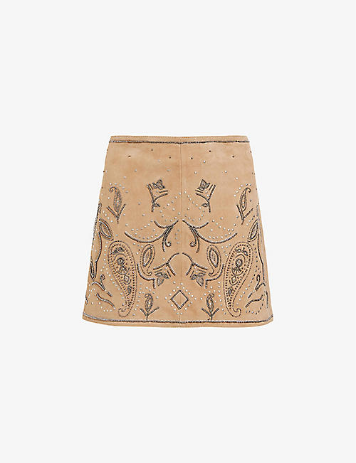 ALLSAINTS: Shai stud-embroidered high-rise suede mini skirt