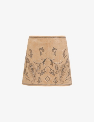 Shop Allsaints Women's Tan Brown Shai Stud-embroidered High-rise Suede Mini Skirt