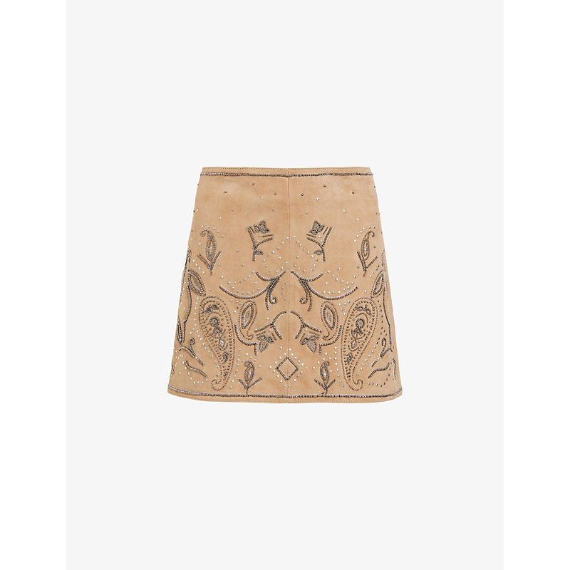 Shop Allsaints Shai Stud-embroidered High-rise Suede Mini Skirt In Tan Brown