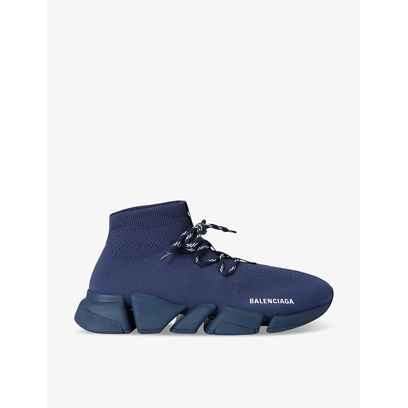Balenciaga Men's Speed 2.0 Lace-up Stretch-knit Low-top Trainers In Navy