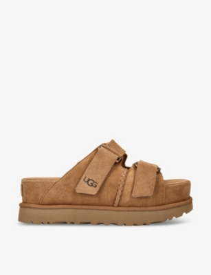 Shop Ugg Goldenstar Double-strap Suede Sandals In Tan