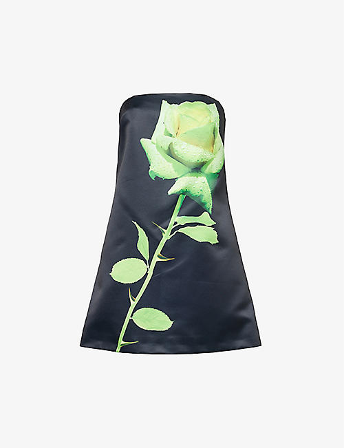 DAVID KOMA: Floral-print slim-fit satin mini dress