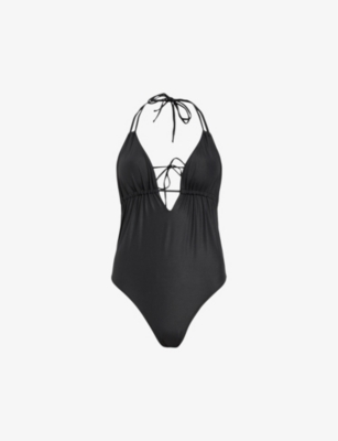 Shop Allsaints Women's Black Shine Erica Cut-out Halter-neck Stretch-woven Swimsuit
